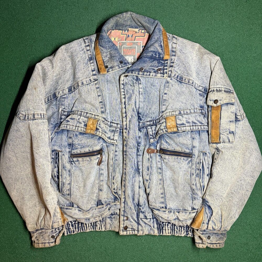Vintage 90s Today’s News Acid Wash Denim Bomber Jacket Aztec Lined Leather XL
